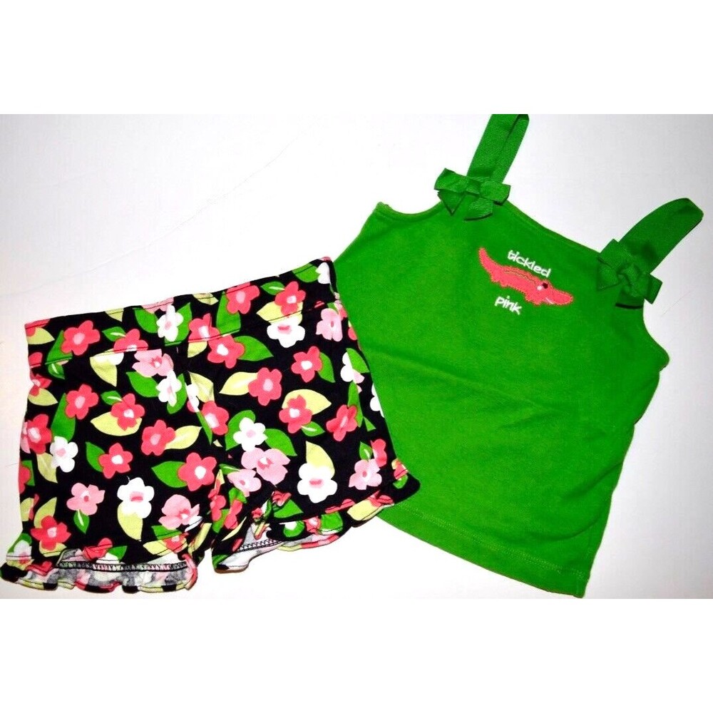 EUC GYMBOREE PALM BEACH PARADISE GREEN TANK BLACK FLORAL KNIT SHORTS SET SIZE 2T